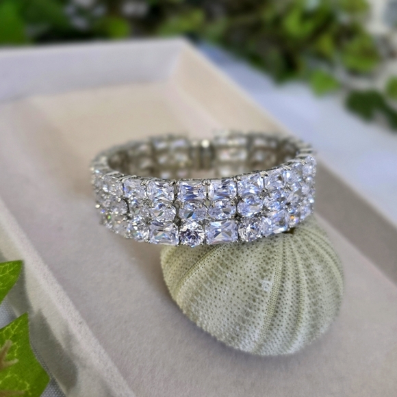 Quality Triple Row Cubic Zirconia Crystal Statement Bangle Bracelet - Picture 3 of 13